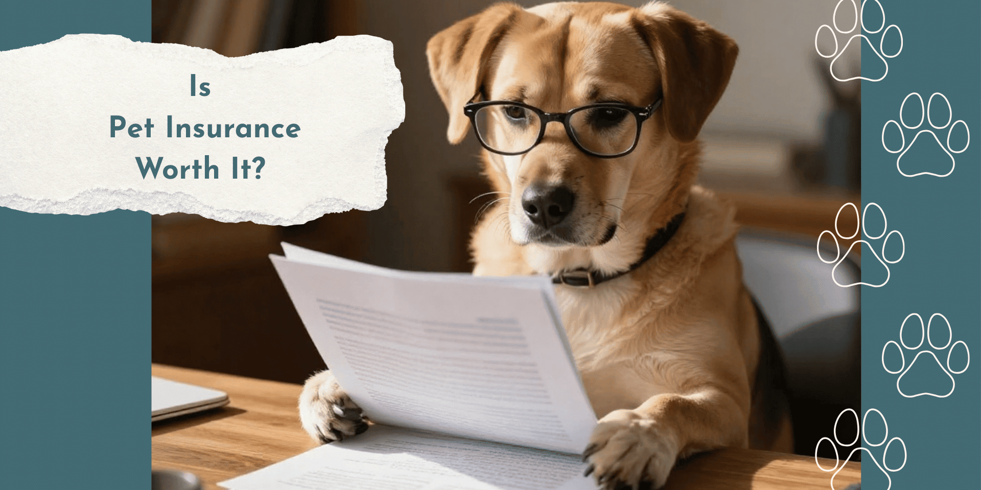 dog wearing eye glasses reading papers that says is pet insurance worth it